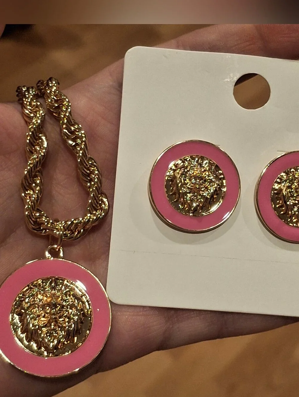 Gold & Pink Lion Earrings & Necklace